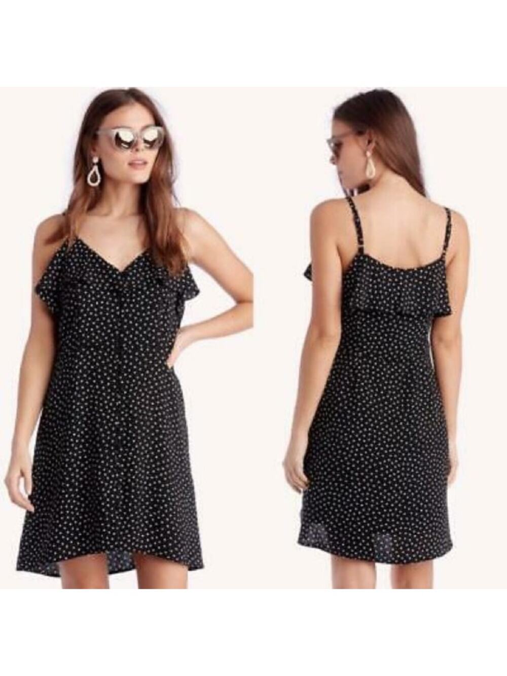 Sanctuary Rafaela Button Mini Dress XS Black White Polka Dot Ruffle Preppy Twee
